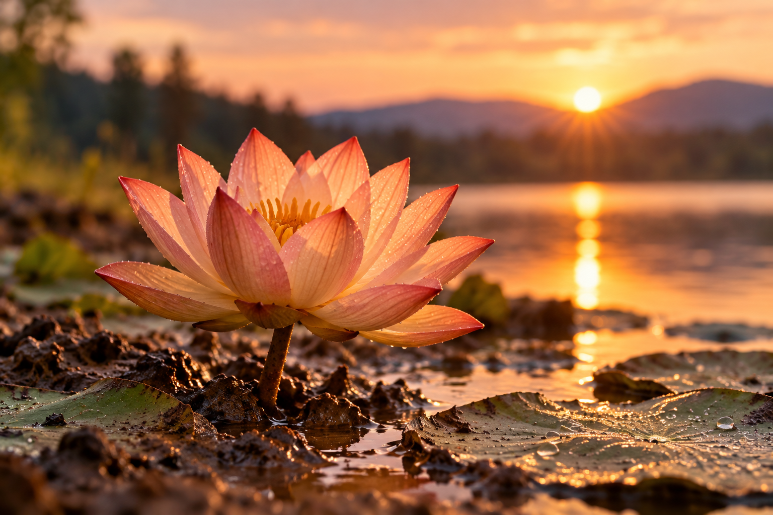 A pink lotus blooming above muddy water at sunset, symbolizing resilience and personal growth.
